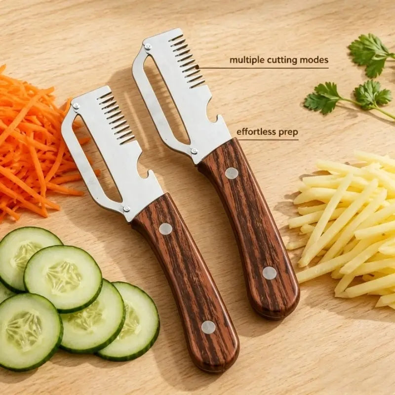 3-in-1 Stainless Steel Vegetable Peeler | Multifunctional Fruit & Vegetable Cutter with Wooden Handle