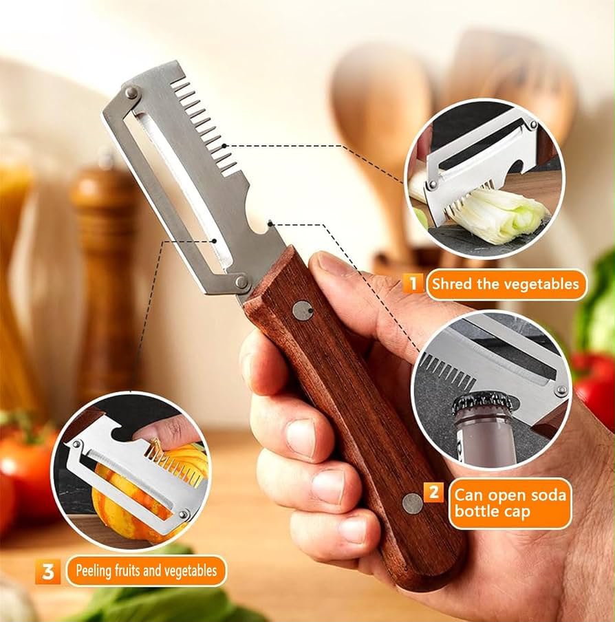 3-in-1 Stainless Steel Vegetable Peeler | Multifunctional Fruit & Vegetable Cutter with Wooden Handle