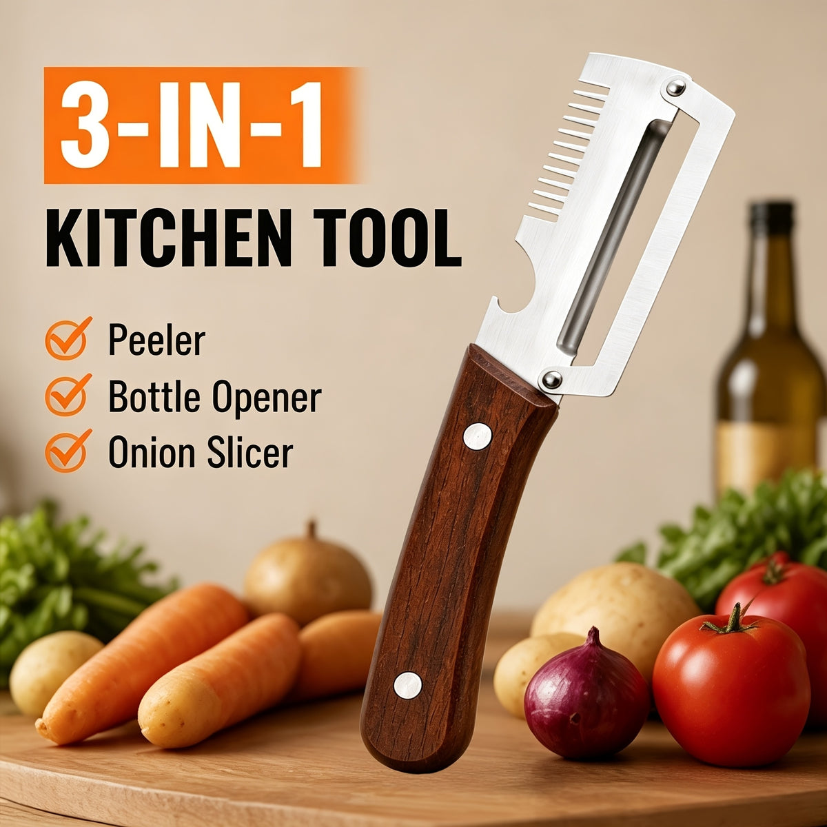 3-in-1 Stainless Steel Vegetable Peeler | Multifunctional Fruit & Vegetable Cutter with Wooden Handle